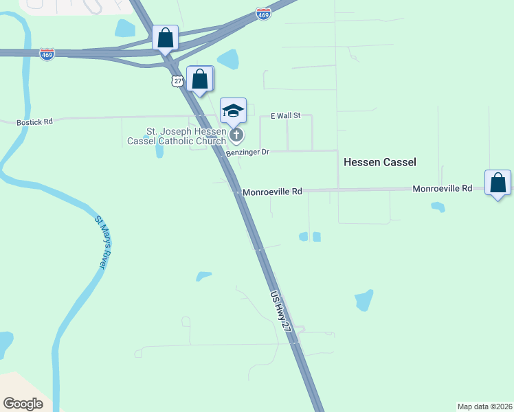 map of restaurants, bars, coffee shops, grocery stores, and more near 4506 Monroeville Road in Fort Wayne