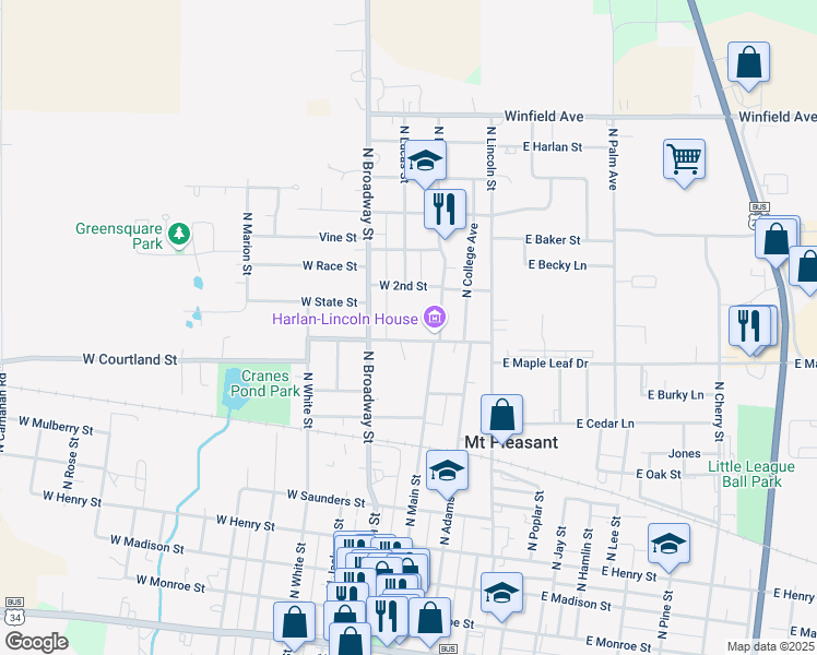 map of restaurants, bars, coffee shops, grocery stores, and more near 107 West Broad Street in Mount Pleasant