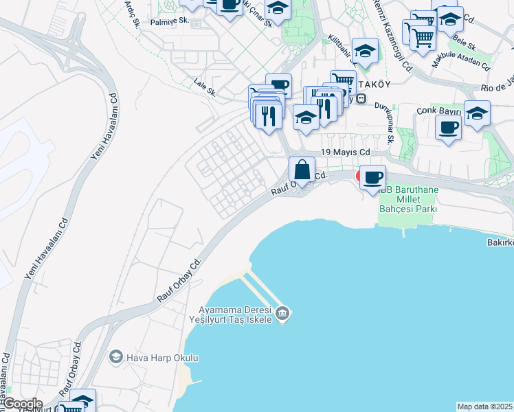 map of restaurants, bars, coffee shops, grocery stores, and more near Rauf Orbay Caddesi in Bakırköy