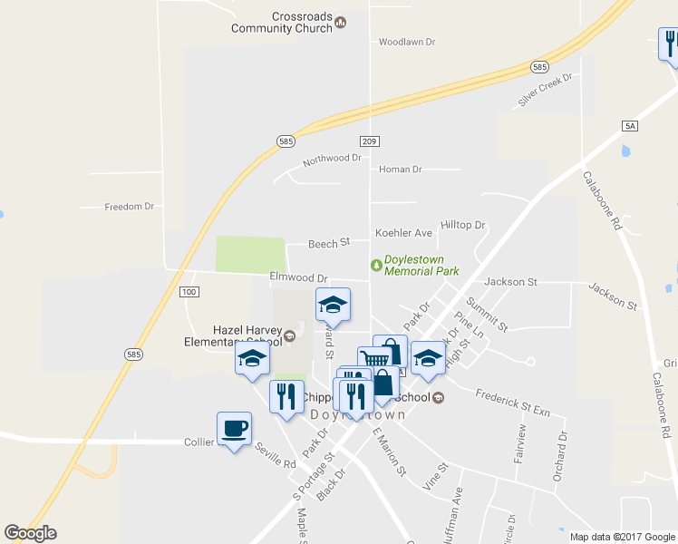 map of restaurants, bars, coffee shops, grocery stores, and more near 93 Elmwood Drive in Doylestown