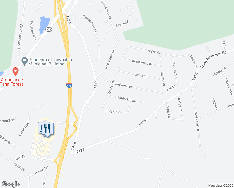map of restaurants, bars, coffee shops, grocery stores, and more near 11 Hemlock Drive in Jim Thorpe