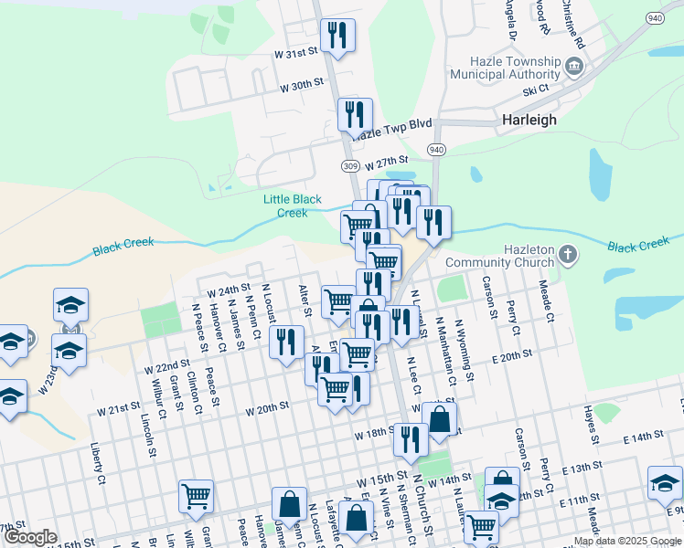 map of restaurants, bars, coffee shops, grocery stores, and more near 1091 North Vine Street in Luzerne County