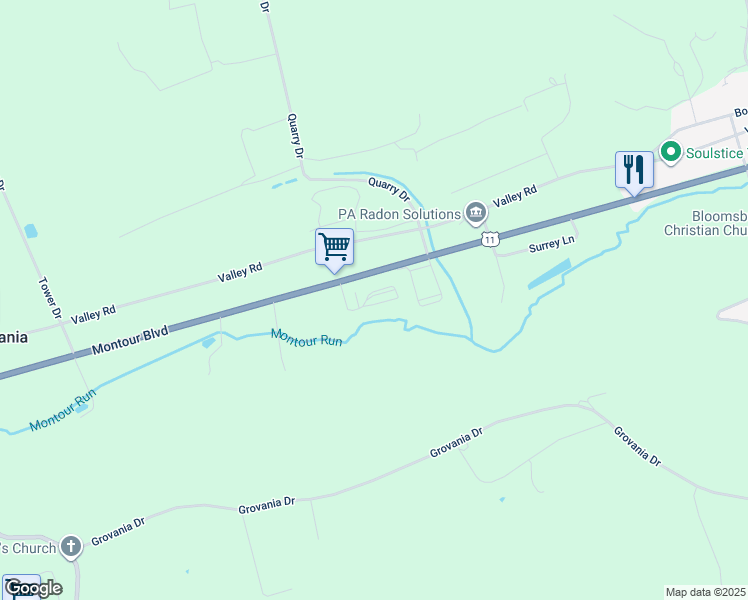 map of restaurants, bars, coffee shops, grocery stores, and more near 522 Montour Boulevard in Bloomsburg