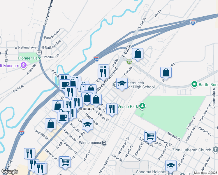 map of restaurants, bars, coffee shops, grocery stores, and more near 304 East Winnemucca Boulevard in Winnemucca