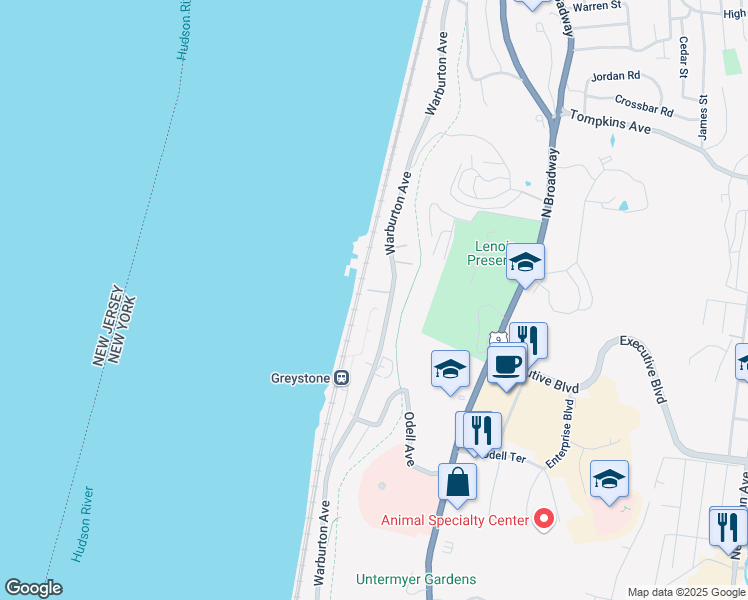 map of restaurants, bars, coffee shops, grocery stores, and more near 1155 Warburton Avenue in Yonkers