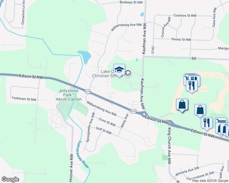 map of restaurants, bars, coffee shops, grocery stores, and more near 12785 Nashua Lane Northwest in Uniontown
