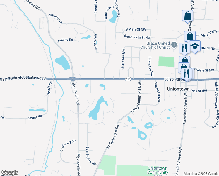 map of restaurants, bars, coffee shops, grocery stores, and more near 2928 E Turkeyfoot Lake Rd in Uniontown