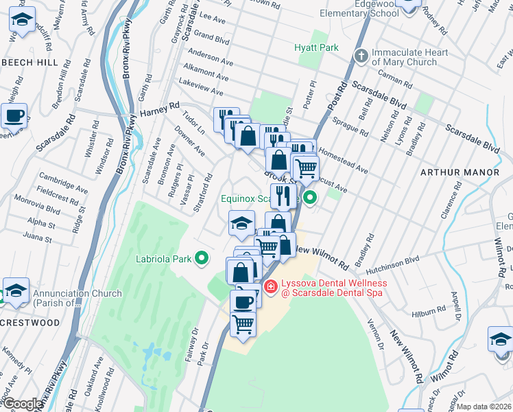 map of restaurants, bars, coffee shops, grocery stores, and more near 10 Oak Lane East in Scarsdale