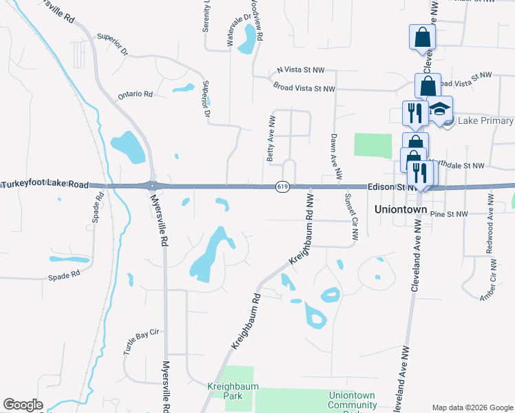 map of restaurants, bars, coffee shops, grocery stores, and more near 2958 East Turkeyfoot Lake Road in Uniontown