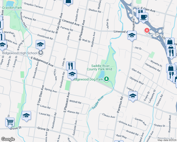 map of restaurants, bars, coffee shops, grocery stores, and more near 27 Walthery Avenue in Ridgewood