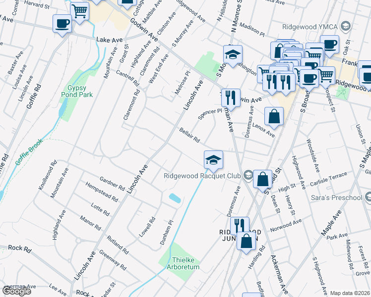 map of restaurants, bars, coffee shops, grocery stores, and more near 223 Orchard Place in Ridgewood