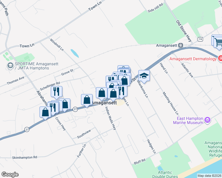 map of restaurants, bars, coffee shops, grocery stores, and more near 185 Montauk Boulevard in East Hampton