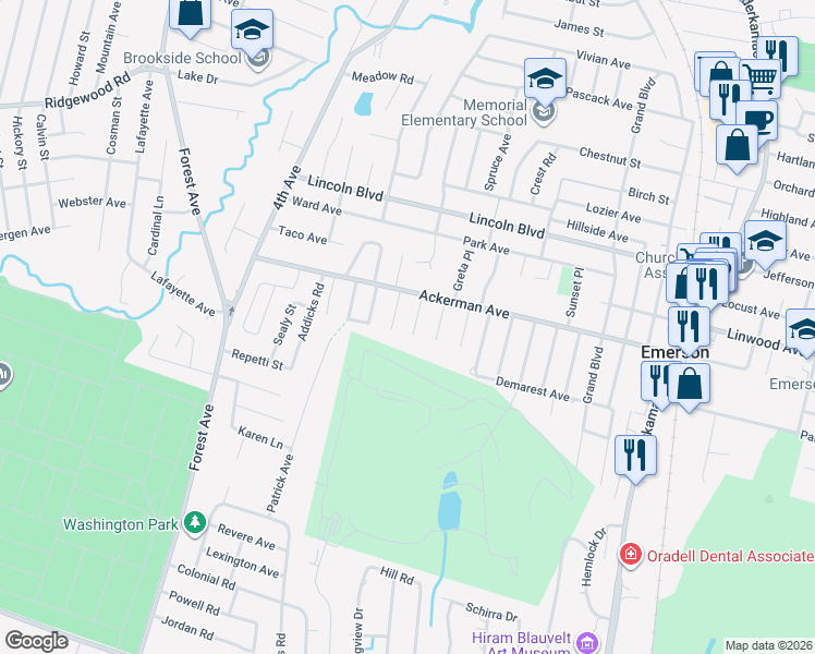 map of restaurants, bars, coffee shops, grocery stores, and more near 11 Erie Avenue in Emerson