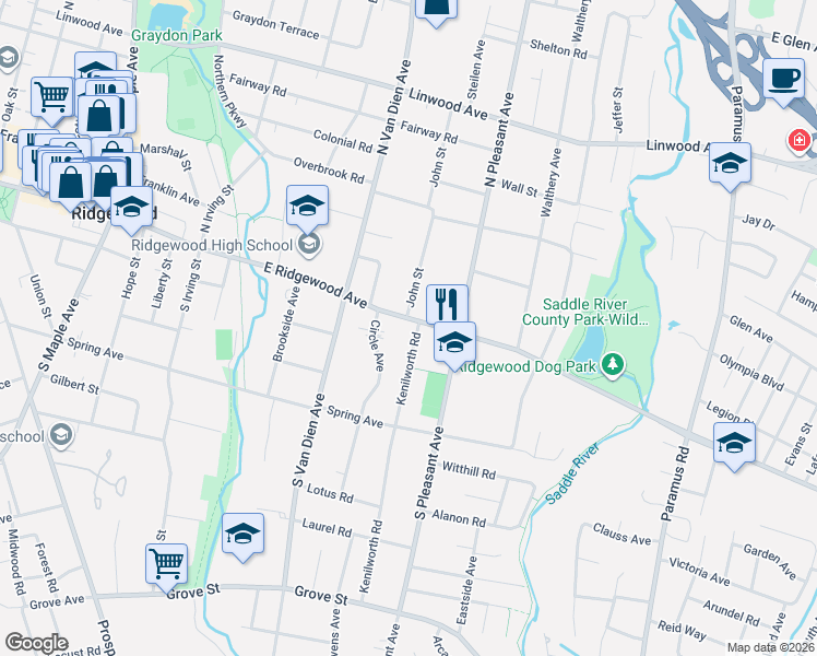 map of restaurants, bars, coffee shops, grocery stores, and more near 795 East Ridgewood Avenue in Ridgewood
