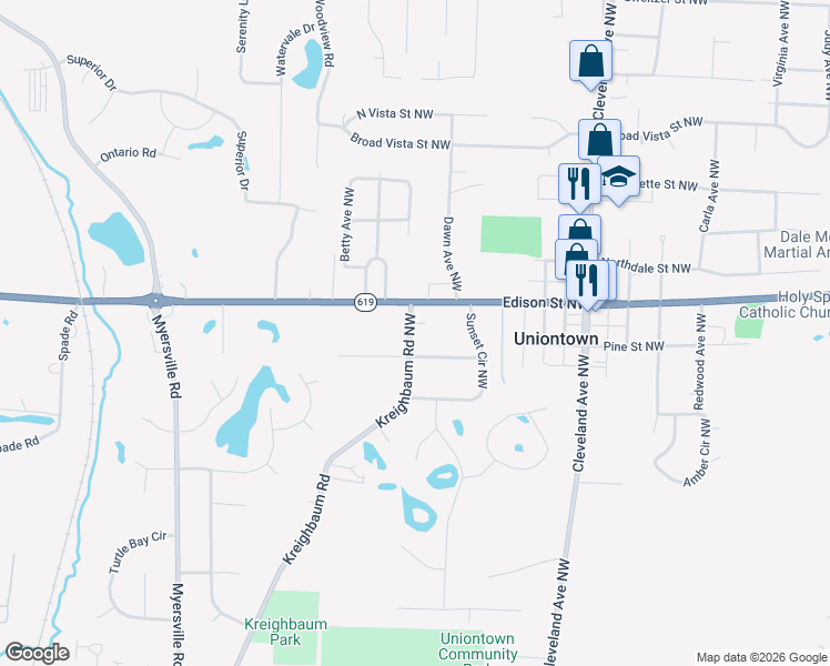 map of restaurants, bars, coffee shops, grocery stores, and more near 13060 Kreighbaum Road Northwest in Uniontown
