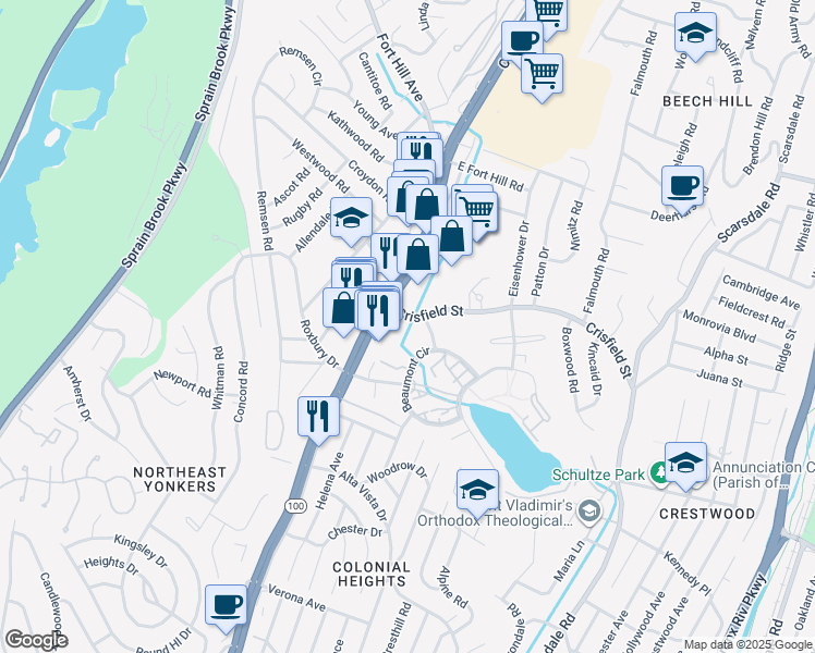 map of restaurants, bars, coffee shops, grocery stores, and more near 16 Crisfield Street in Yonkers