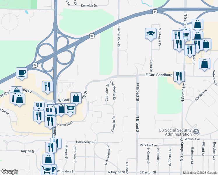 map of restaurants, bars, coffee shops, grocery stores, and more near 2127-2299 Catherine Street in Galesburg