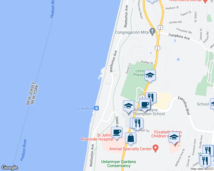 map of restaurants, bars, coffee shops, grocery stores, and more near 1167 Warburton Avenue in Yonkers