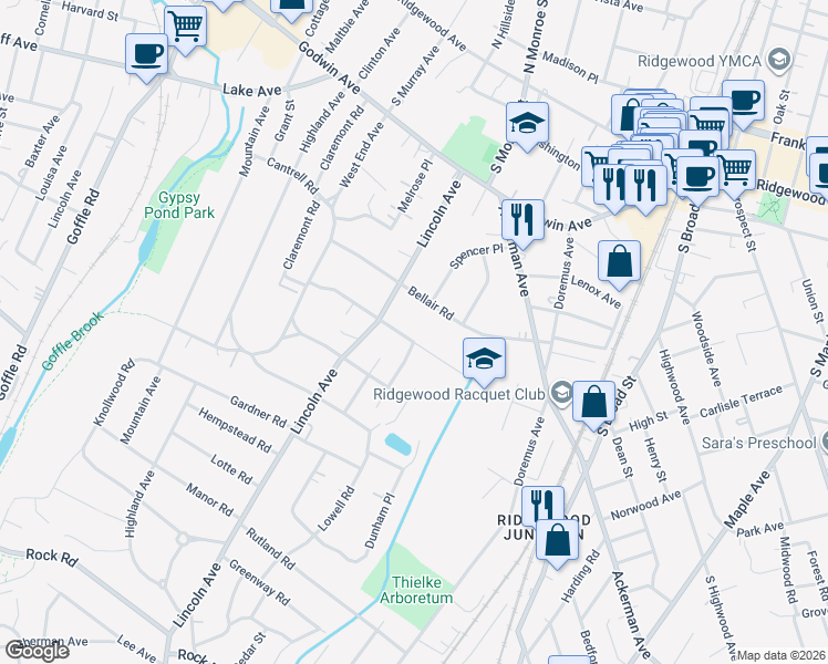 map of restaurants, bars, coffee shops, grocery stores, and more near 223 Orchard Place in Ridgewood