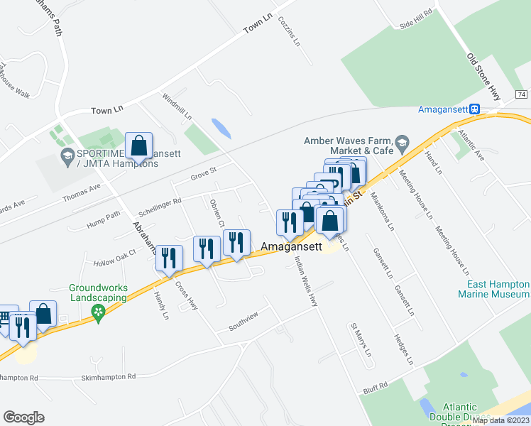 map of restaurants, bars, coffee shops, grocery stores, and more near 45 Windmill Lane in East Hampton