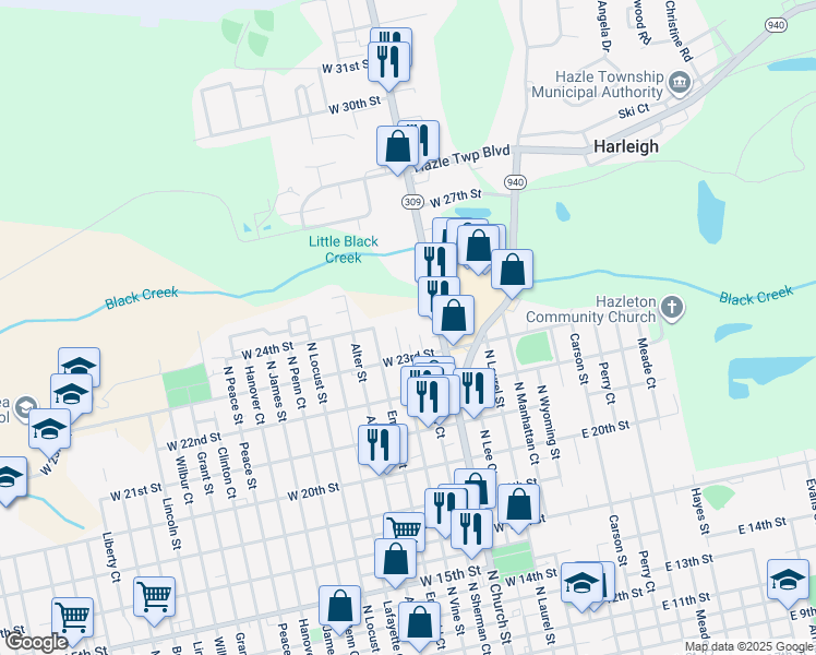 map of restaurants, bars, coffee shops, grocery stores, and more near 1091 North Vine Street in Luzerne County