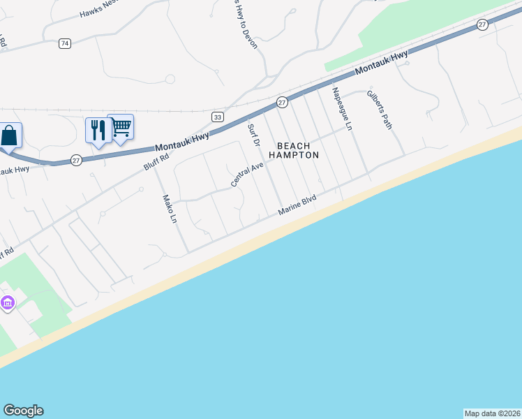 map of restaurants, bars, coffee shops, grocery stores, and more near 11 Jacqueline Drive in Amagansett