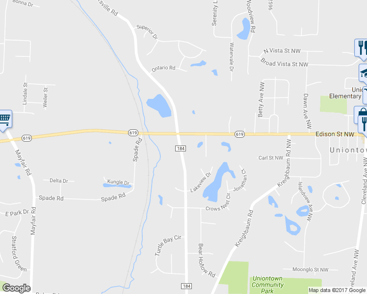 map of restaurants, bars, coffee shops, grocery stores, and more near 3393 Myersville Road in Uniontown