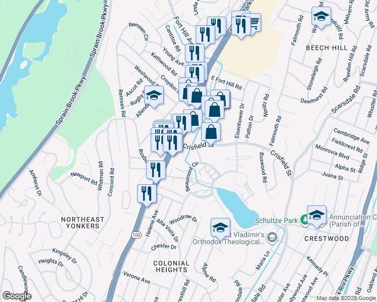 map of restaurants, bars, coffee shops, grocery stores, and more near 16 Crisfield Street in Yonkers