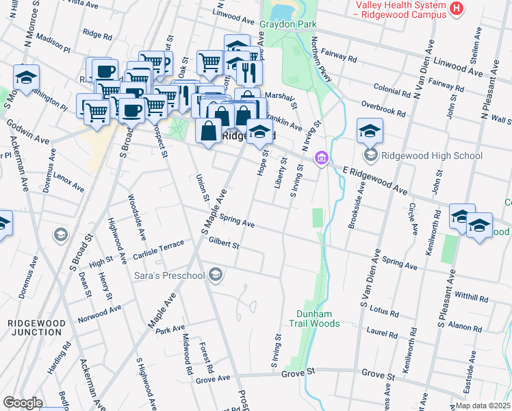 map of restaurants, bars, coffee shops, grocery stores, and more near 154 Hope Street in Ridgewood