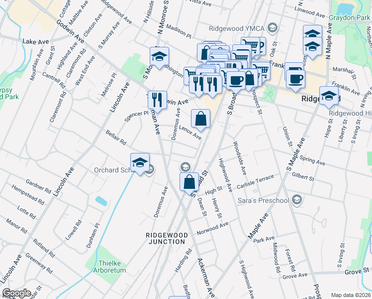 map of restaurants, bars, coffee shops, grocery stores, and more near 36 Richmond Avenue in Ridgewood