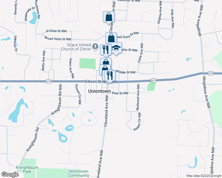 map of restaurants, bars, coffee shops, grocery stores, and more near 13020 Cleveland Avenue Northwest in Uniontown