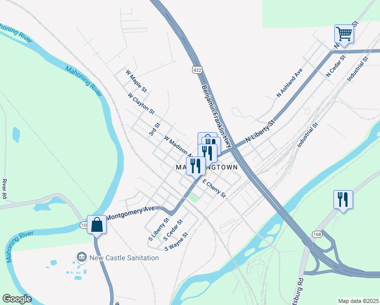 map of restaurants, bars, coffee shops, grocery stores, and more near 112 West Madison Avenue in New Castle