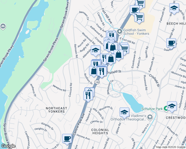 map of restaurants, bars, coffee shops, grocery stores, and more near 24 Norwood Road in Yonkers