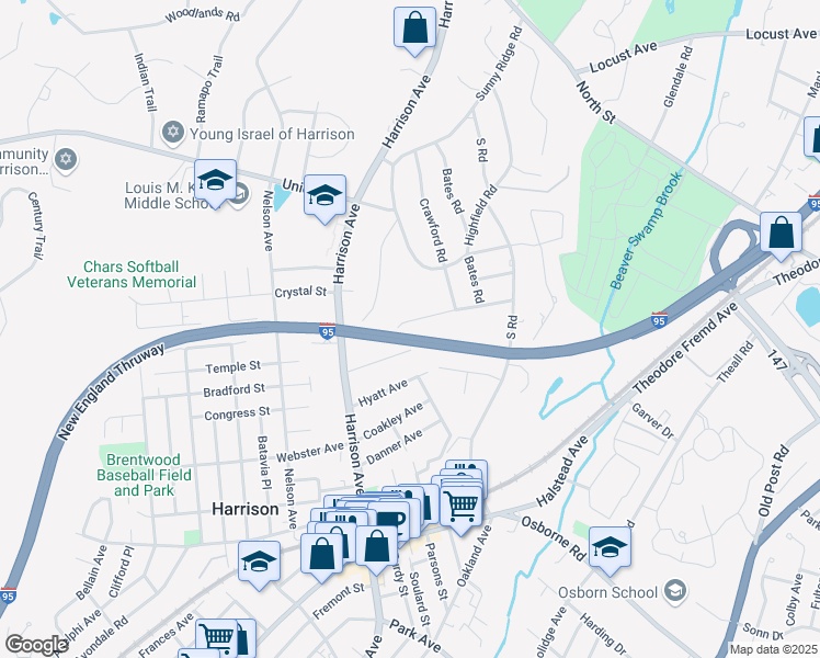 map of restaurants, bars, coffee shops, grocery stores, and more near 29 Willetts Road in Harrison