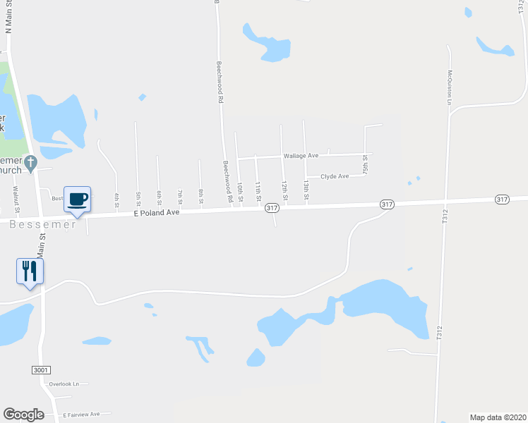 map of restaurants, bars, coffee shops, grocery stores, and more near 1104 East Poland Avenue in Bessemer