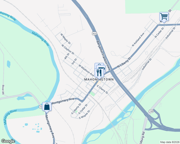 map of restaurants, bars, coffee shops, grocery stores, and more near 114 West Madison Avenue in New Castle