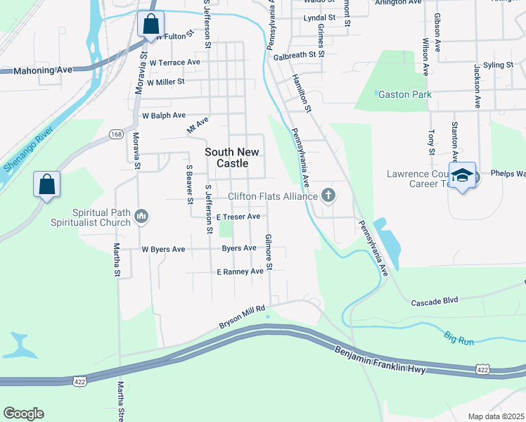 map of restaurants, bars, coffee shops, grocery stores, and more near 207 East Treser Avenue in New Castle