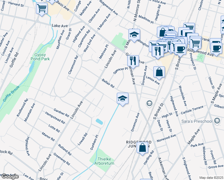 map of restaurants, bars, coffee shops, grocery stores, and more near 184 Bellair Road in Ridgewood