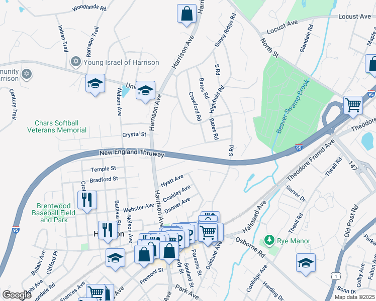 map of restaurants, bars, coffee shops, grocery stores, and more near 29 Willetts Road in Harrison