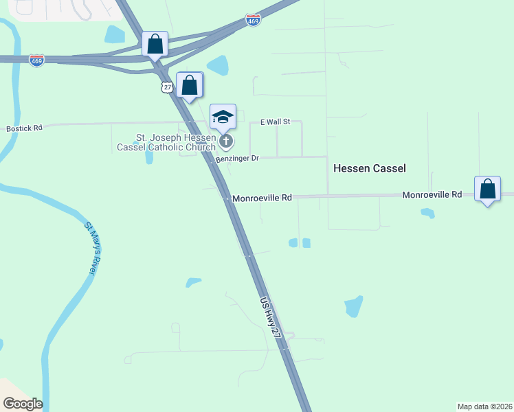 map of restaurants, bars, coffee shops, grocery stores, and more near 4506 Monroeville Road in Fort Wayne