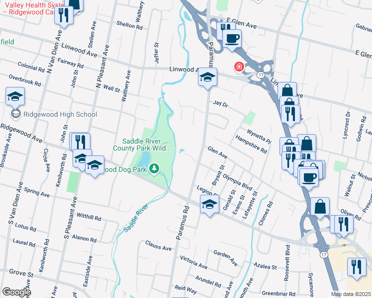 map of restaurants, bars, coffee shops, grocery stores, and more near 143 Emerald Court in Paramus