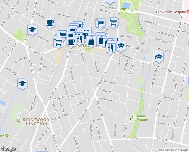 map of restaurants, bars, coffee shops, grocery stores, and more near 281 Spring Avenue in Ridgewood