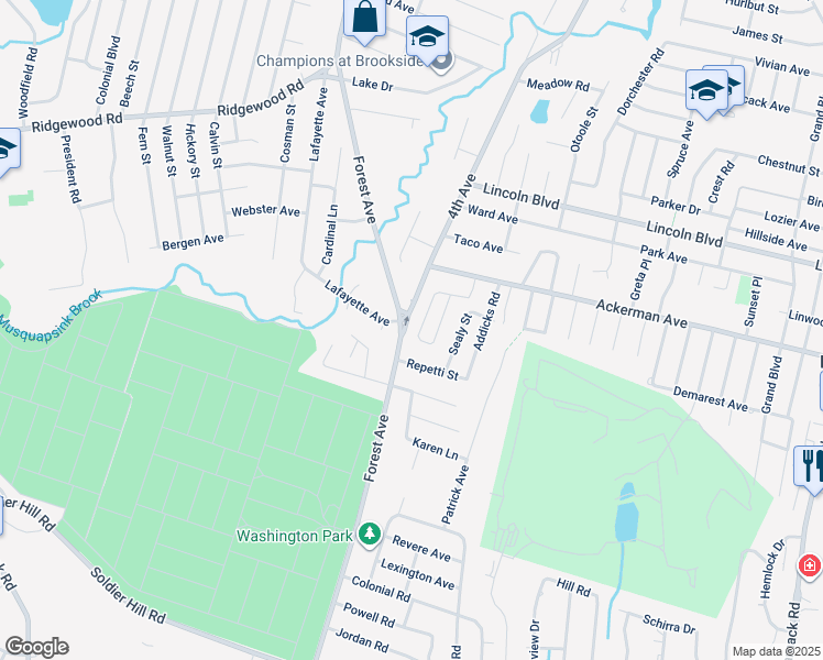 map of restaurants, bars, coffee shops, grocery stores, and more near 12 Dogwood Court in Westwood