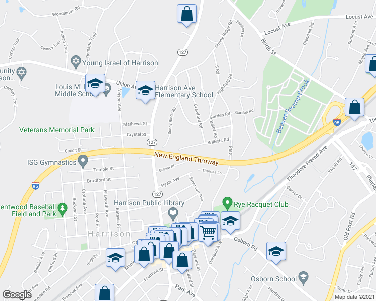 map of restaurants, bars, coffee shops, grocery stores, and more near 29 Willetts Road in Harrison