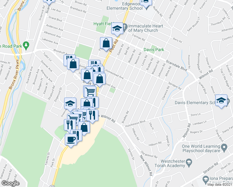 map of restaurants, bars, coffee shops, grocery stores, and more near 80 Webster Road in Scarsdale