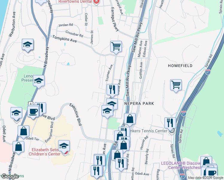 map of restaurants, bars, coffee shops, grocery stores, and more near 1488 Nepperhan Avenue in Yonkers