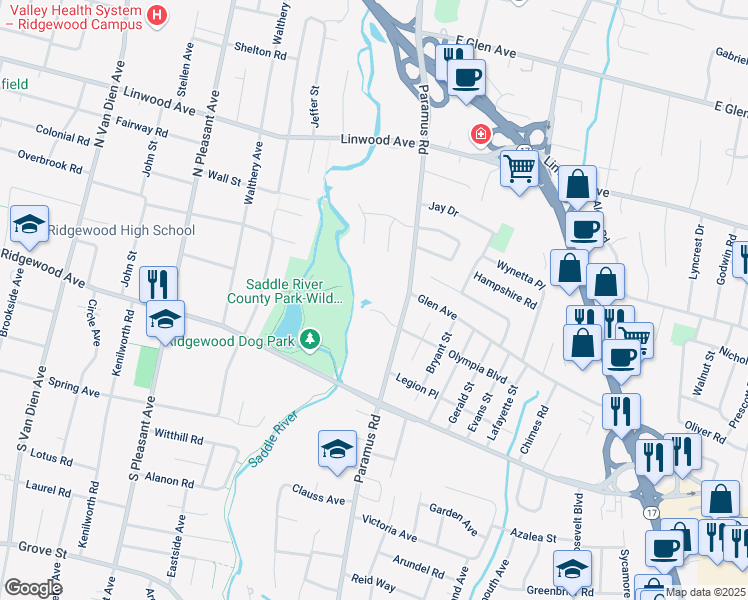 map of restaurants, bars, coffee shops, grocery stores, and more near 143 Emerald Court in Paramus
