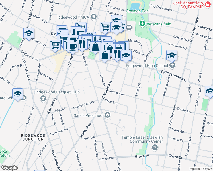 map of restaurants, bars, coffee shops, grocery stores, and more near 155 South Maple Avenue in Ridgewood