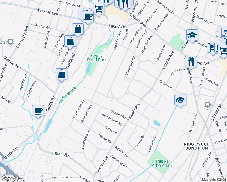 map of restaurants, bars, coffee shops, grocery stores, and more near 338 Highland Avenue in Ridgewood