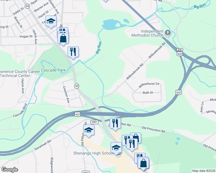 map of restaurants, bars, coffee shops, grocery stores, and more near 1011 Willowbrook Road in New Castle